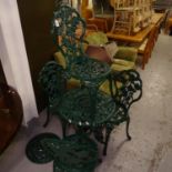 A set of 4 green painted iron garden chairs, with matching table and parasol base