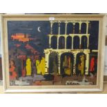 Mid-century oil on canvas, abstract moonlit buildings, unsigned, 55cm x 74cm, framed