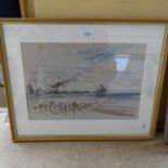 T O' Donnell, charcoal/watercolour, conflagration Eastbourne pier, signed, 28cm x 40cm, framed