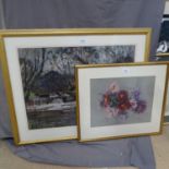 Aubrey Sykes, 2 pastel drawings, a weir, 52cm x 70cm, and flowers, 34cm x 43cm, framed (2)