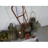 A collection of galvanised metal smoker's, tilly lamps, pulley etc (9)