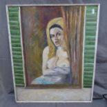 J Cowley, oil on board, nude by a window, 60cm x 50cm, framed