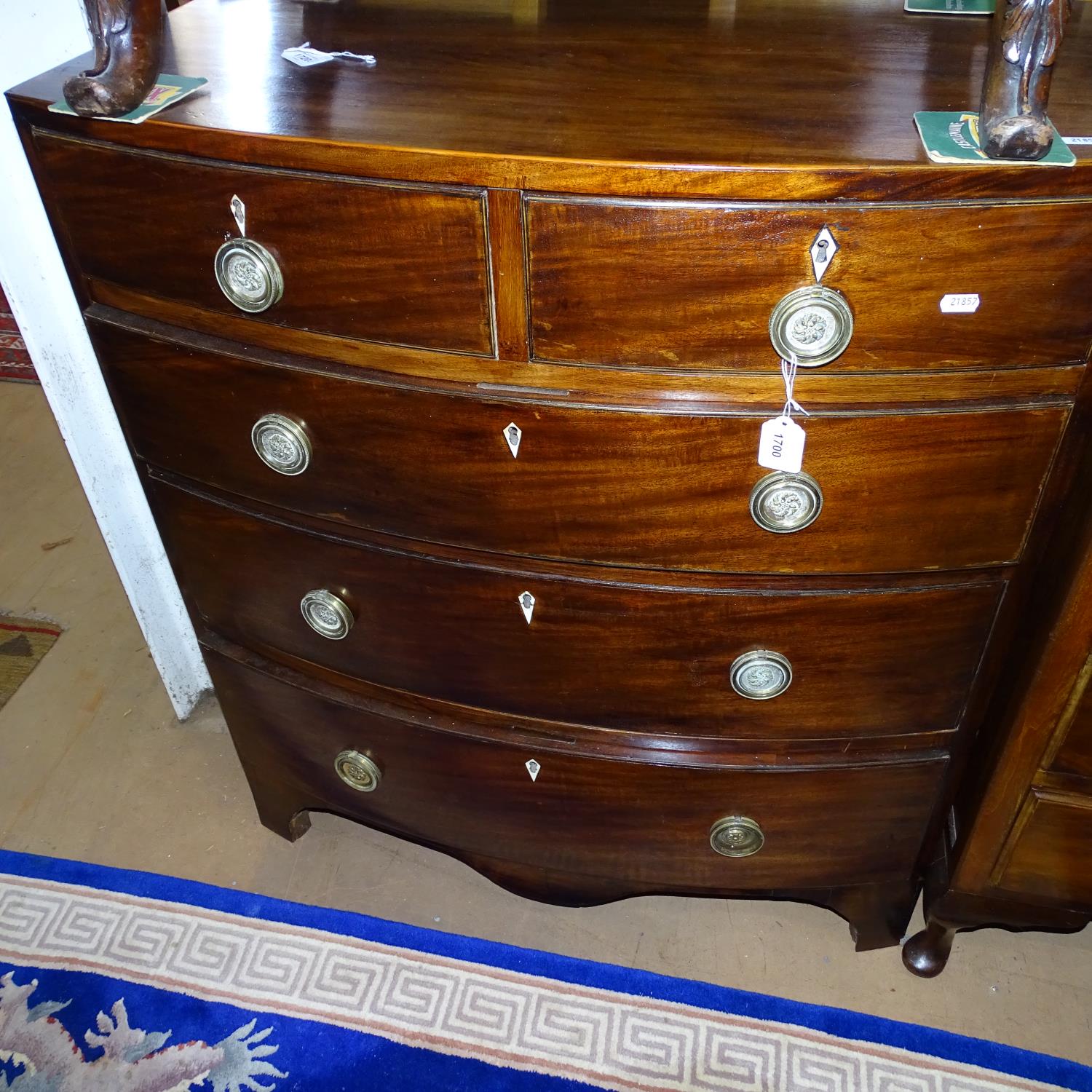 A 19th century mahogany bow-front 5-drawer chest, W87cm, H98cm, D48cm