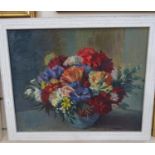 V B Williams, oil on board, flower piece, RI Exhibition label verso, 30cm x 40cm, framed