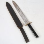 A mid-20th century hunting knife, with composition grips and leather sheath, blade length 30cm