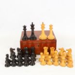 Jaques & Son London, Staunton pattern boxwood and ebonised chess set, weighted bases, King height