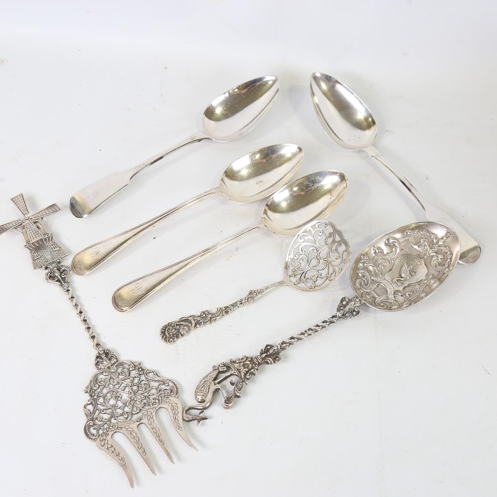 Various silver flatware, including large Dutch novelty windmill bread fork and serving spoon, German