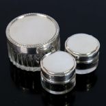 3 silver-topped glass dressing table jars, including pair by Henry Matthews, hallmarks Birmingham