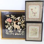 A 19th century silk embroidery depicting a stag, modern frame, overall 50cm x 50cm, and 2 Chinese