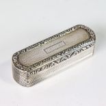 A George IV silver snuffbox, rounded rectangular form with ribbed and engine turned decoration and