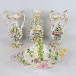 4 pieces of Coalbrookdale and similar white glaze porcelain, encrusted with flowers and hand painted