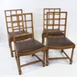 A set of 4 1920s Heals Tilden oak lattice-back dining chairs with leather seats