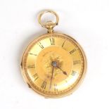 A 19th century 18ct gold open-face key-wind pocket watch, floral engraved dial with Roman numeral