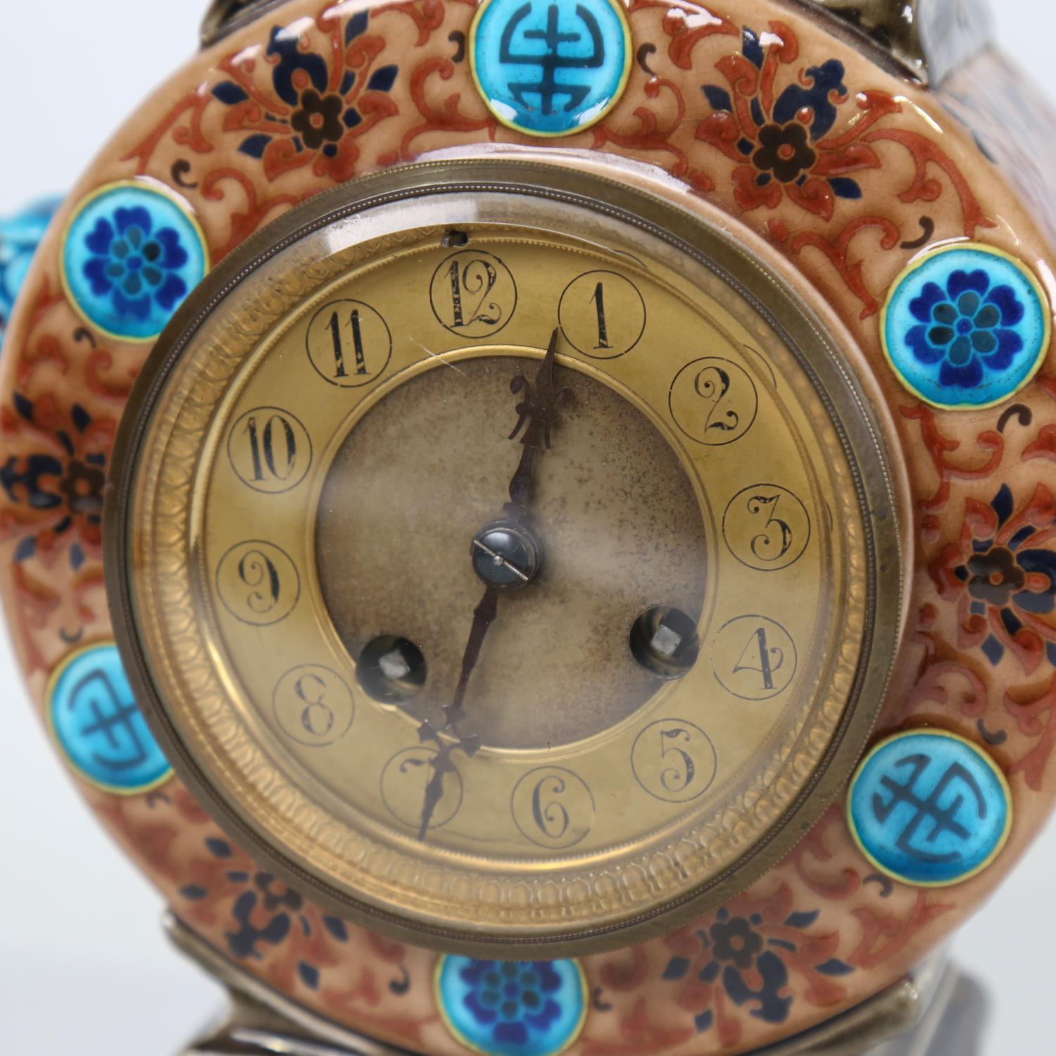 Continental chinoiserie pottery cased mantel clock, circa 1890, by S Marti, gilt-brass dial with 8- - Image 3 of 3