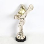 A reproduction silver plate on bronze sculpture, the Spirit of Ecstasy, black marble plinth,
