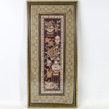 A Chinese silk embroidered and gold braid panel, framed, overall frame dimensions 70cm x 33cm