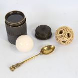 A mixed group of items, including Chinese ivory puzzle ball, ivory snooker ball, magnifier lens,
