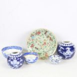 A group of Oriental porcelain, including a celadon enamel plate, 18.5cm across (6)