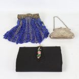 A group of evening bags, including a 1920s blue glass bead bag and a Victorian electroplate bag (3)