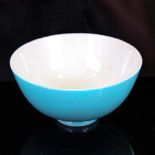 A Chinese turquoise glaze porcelain bowl, white glaze interior with 6 character mark, diameter 12.