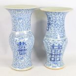 2 similar Chinese blue and white porcelain cylinder vases, hand painted decoration with 4