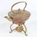 W A S Benson, Arts and Crafts copper and brass tea kettle on spirit burner stand