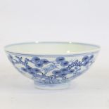 A Chinese blue and white porcelain bowl, hand painted decoration with 6 character mark, diameter