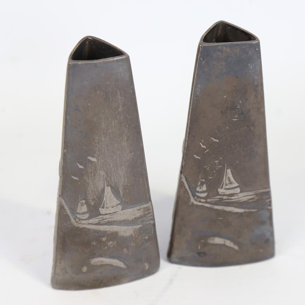 WMF - pair of plated spill vases of tapered triangular form, with relief moulded designs of Dutch - Image 2 of 3