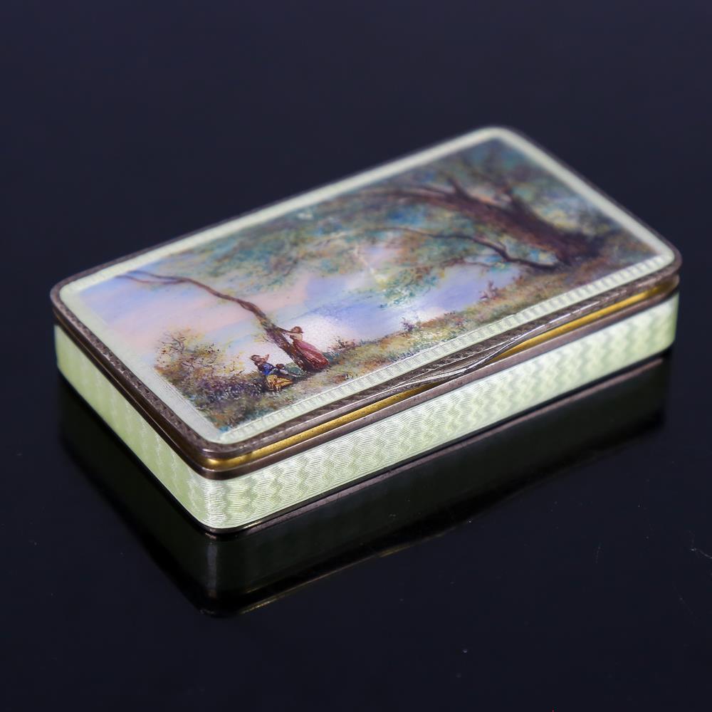 A fine Continental silver and guilloche enamel box, rectangular form with hand painted landscape - Image 2 of 5