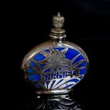 A Continental unmarked white metal and blue enamel moon-shaped scent flask, height 6cm