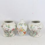 A pair of Chinese white glaze porcelain jars, with painted enamel exotic birds, 4 character marks,