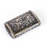 A Russian silver and niello snuffbox, cushion form with eagle cityscape and floral decoration, 6.5cm