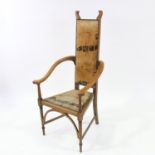 J S Henry (Glasgow School) Arts and Crafts oak armchair of high-back form, with curved out-swept