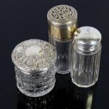 3 early 20th century silver-topped glass dressing table jars, including unusual cologne jar with