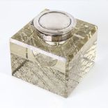 A large Edwardian novelty silver-mounted glass inkwell, with inset swivel photo panel lid, by John