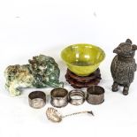 A Chinese carved greenstone dragon, length 15cm, a turned greenstone bowl, diameter 12cm, and a