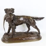 After Jules Moigniez, patinated bronze sculpture, Gundog and pheasant, base length 53cm