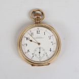 WALTHAM - a gold plated open-face top-wind pocket watch, white enamel dial with Arabic numerals