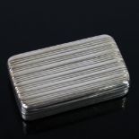 A George III silver snuffbox, rectangular form with allover ribbed decoration and gilt interior,
