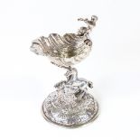 A Continental Victorian silver novelty table salt, formed as a putti seated on a shell supported