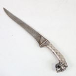 An ornate Middle Eastern white metal inlaid knife, with leopard-head handle, length 30cm