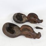 2 similar 19th century Chinese carved wood chalk line markers, decorated with exotic ...