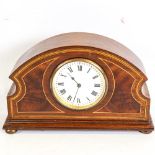 An Edwardian mahogany and satinwood inlaid dome-top mantel clock, white enamel dial with Roman