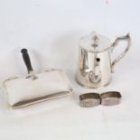A Victorian electroplate double-spout Argyll coffee pot with insulated liner, a plated chafing