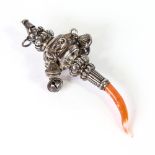 A late Victorian silver baby's rattle and whistle, with coral teether, by Edward Souter Barnsley,