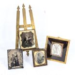 A Victorian brass table easel, height 25cm, and a group of 19th century silver print photographs