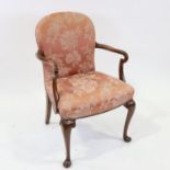 A Queen Anne style walnut-framed open elbow chair, on cabriole legs