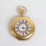 A Swiss 18ct gold half hunter fob watch, white enamel dial with Roman numerals and ombre enamel