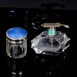 An Art Deco cut-glass perfume bottle with nickel and enamel atomiser top, and a silver and blue