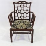 A Chinese Chippendale style mahogany elbow chair, circa 1900